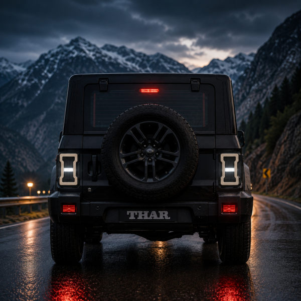 Mahindra Thar running on road with White Color Rubicon Style Tail Light